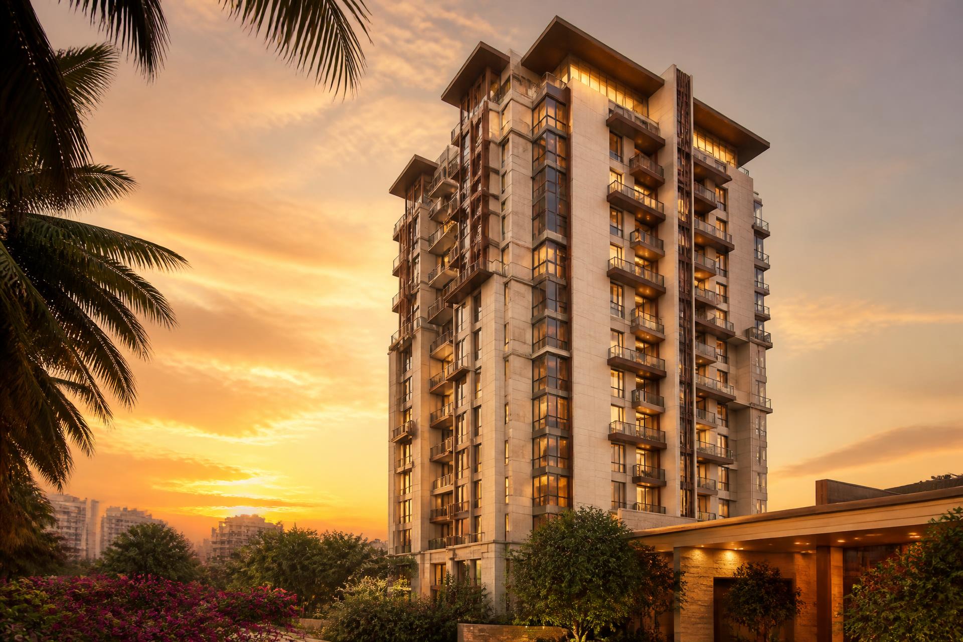 Reeva by Suyug — luxury residential tower on Sarjapur Road at golden hour